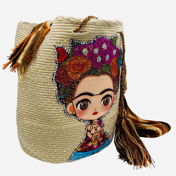 NEW 100% Authentic Handcrafted Wayuu Mochila Bag | Frida Kahlo + Crystals 🎨 - Picture 3 of 12